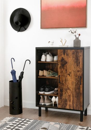 VASAGLE Schrank, m. 2 Schiebetüren und 3 Einlegeböden – rustikale braune Spanplatte und schwarzer Stahl