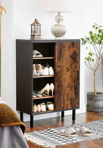 VASAGLE Schrank, m. 2 Schiebetüren und 3 Einlegeböden – rustikale braune Spanplatte und schwarzer Stahl