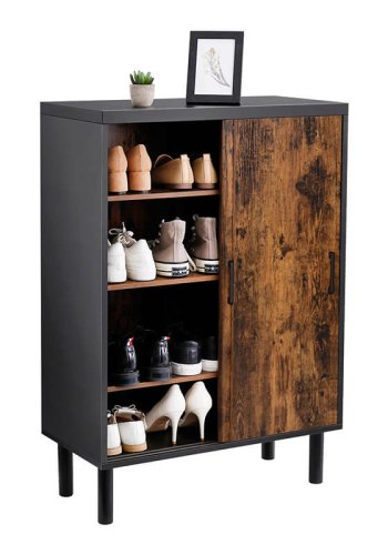 VASAGLE Schrank, m. 2 Schiebetüren und 3 Einlegeböden – rustikale braune Spanplatte und schwarzer Stahl