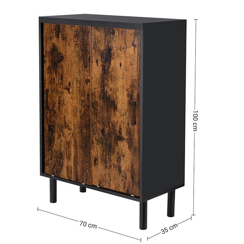 VASAGLE Schrank, m. 2 Schiebetüren und 3 Einlegeböden – rustikale braune Spanplatte und schwarzer Stahl