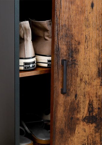 VASAGLE Schrank, m. 2 Schiebetüren und 3 Einlegeböden – rustikale braune Spanplatte und schwarzer Stahl