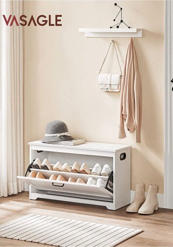 VASAGLE LHS120T10 Skosk�p med lock, b�nk med justerbara innerv�ggar, g�ngj�rnsd�rr, med sidohandtag, f�r hall, 80 x 30 x 46 cm, vit