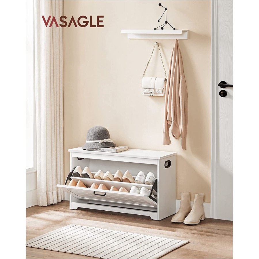 VASAGLE LHS120T10 Skoskab med l�g, b�nk med justerbare indvendige skillev�gge, h�ngslet d�r, med sideh�ndtag, til entr&eacute;, 80 x 30 x 46 cm, hvid
