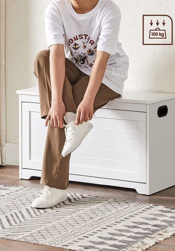 VASAGLE LHS120T10 Skoskab med l�g, b�nk med justerbare indvendige skillev�gge, h�ngslet d�r, med sideh�ndtag, til entr&eacute;, 80 x 30 x 46 cm, hvid