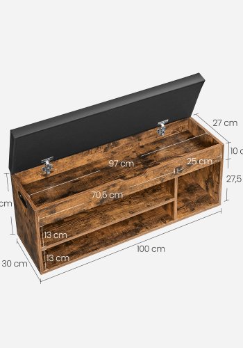 VASAGLE Skob�nk med hynde, Opbevaringsb�nk med polstret s�de, 3 rum, Skjult opbevaring, Hylder, Stue Lounge Entre Sovev�relse, Belastningsevne 150 kg, Rustik brun