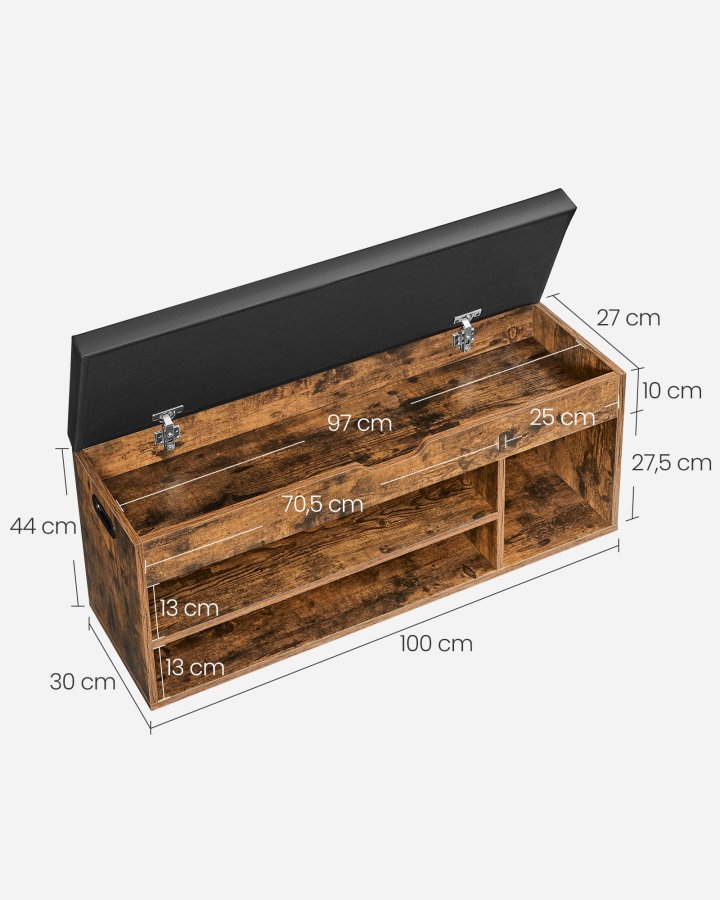 VASAGLE Skob�nk med hynde, Opbevaringsb�nk med polstret s�de, 3 rum, Skjult opbevaring, Hylder, Stue Lounge Entre Sovev�relse, Belastningsevne 150 kg, Rustik brun