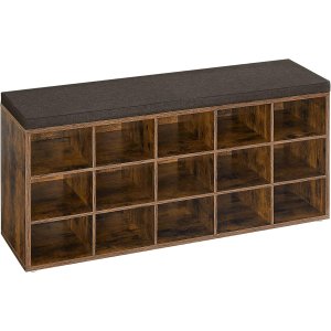 VASAGLE Skoreol, skob�nk med s�de, skoskab med hynde, 15 �bne opbevaringsrum, 30 x 105 x 48 cm, til entr&eacute;, sovev�relse, stue, entr&eacute;, rustik brun og brun LHS15BX