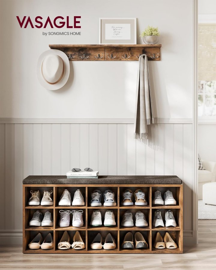 VASAGLE Skoreol, skob�nk med s�de, skoskab med hynde, 15 �bne opbevaringsrum, 30 x 105 x 48 cm, til entr&eacute;, sovev�relse, stue, entr&eacute;, rustik brun og brun LHS15BX