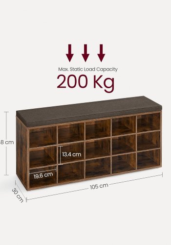 VASAGLE Skoreol, skob�nk med s�de, skoskab med hynde, 15 �bne opbevaringsrum, 30 x 105 x 48 cm, til entr&eacute;, sovev�relse, stue, entr&eacute;, rustik brun og brun LHS15BX