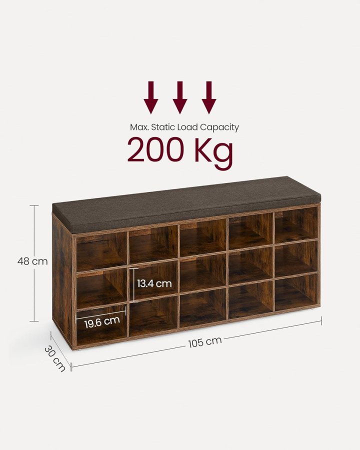 VASAGLE Skoreol, skob�nk med s�de, skoskab med hynde, 15 �bne opbevaringsrum, 30 x 105 x 48 cm, til entr&eacute;, sovev�relse, stue, entr&eacute;, rustik brun og brun LHS15BX
