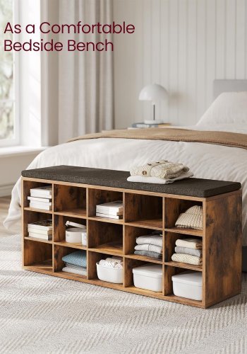 VASAGLE Skoreol, skob�nk med s�de, skoskab med hynde, 15 �bne opbevaringsrum, 30 x 105 x 48 cm, til entr&eacute;, sovev�relse, stue, entr&eacute;, rustik brun og brun LHS15BX