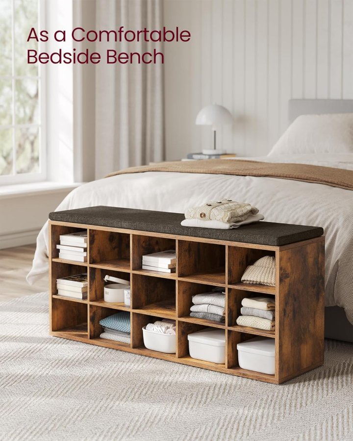 VASAGLE Skoreol, skob�nk med s�de, skoskab med hynde, 15 �bne opbevaringsrum, 30 x 105 x 48 cm, til entr&eacute;, sovev�relse, stue, entr&eacute;, rustik brun og brun LHS15BX