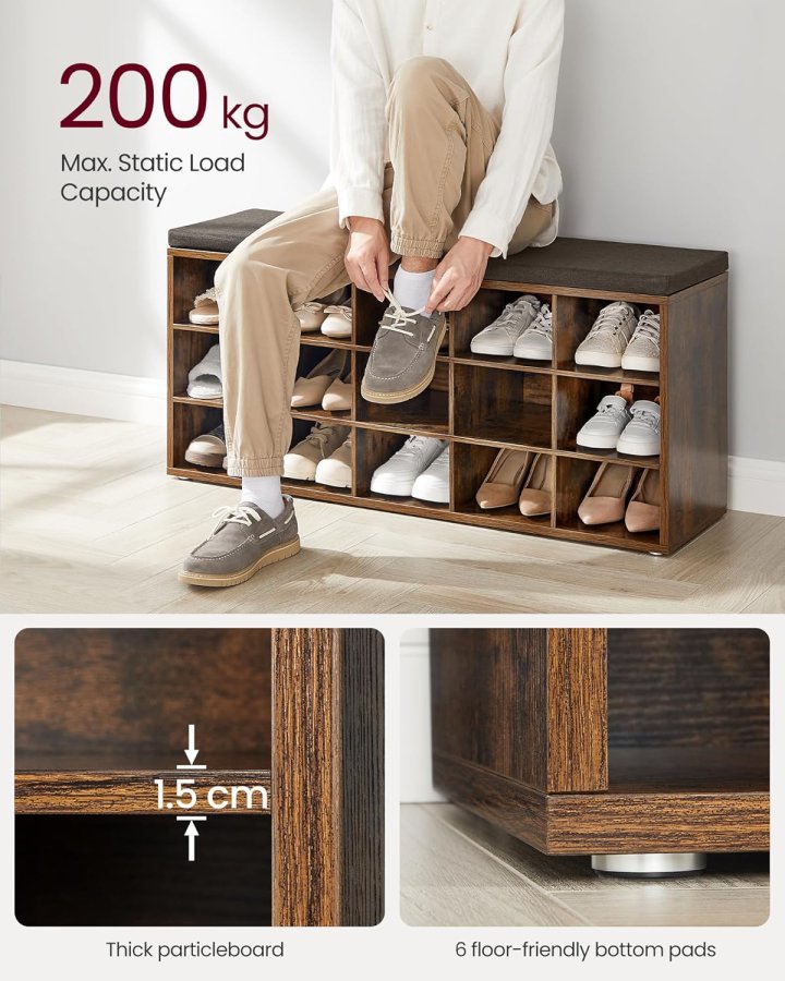 VASAGLE Skoreol, skob�nk med s�de, skoskab med hynde, 15 �bne opbevaringsrum, 30 x 105 x 48 cm, til entr&eacute;, sovev�relse, stue, entr&eacute;, rustik brun og brun LHS15BX