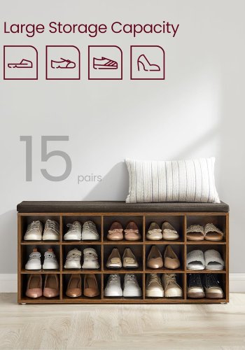 VASAGLE Skoreol, skob�nk med s�de, skoskab med hynde, 15 �bne opbevaringsrum, 30 x 105 x 48 cm, til entr&eacute;, sovev�relse, stue, entr&eacute;, rustik brun og brun LHS15BX