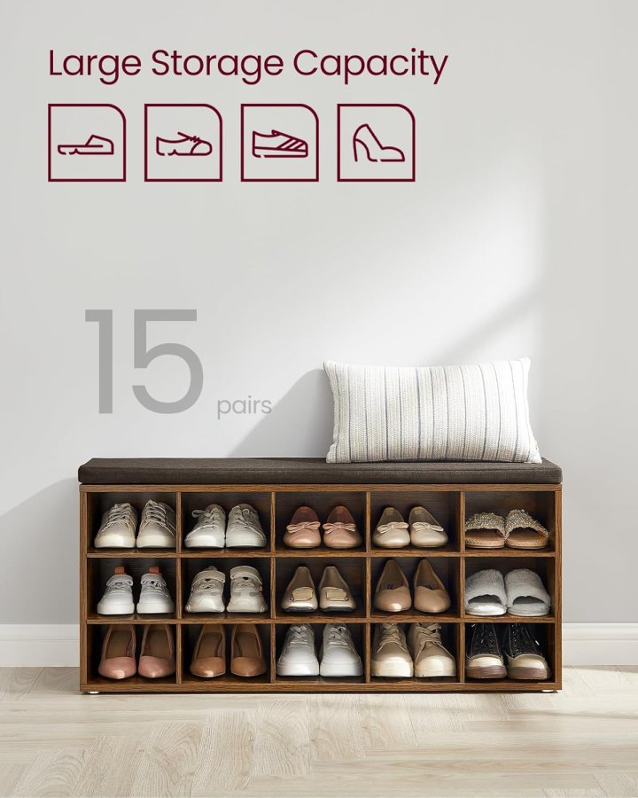 VASAGLE Skoreol, skob�nk med s�de, skoskab med hynde, 15 �bne opbevaringsrum, 30 x 105 x 48 cm, til entr&eacute;, sovev�relse, stue, entr&eacute;, rustik brun og brun LHS15BX