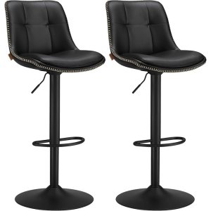 VASAGLE LJB095B01 Barstole S�t med 2 Barstole H�jdejusterbare Drejelige K�kkenstole Quiltet PU-betr�k Med Rygl�n og Fodst�tte Spisebord St�l Bl�ksort