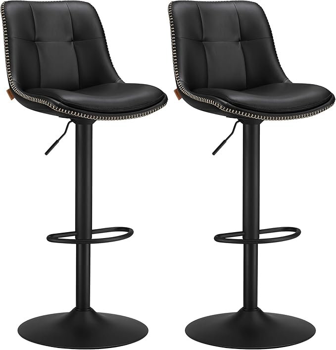 VASAGLE LJB095B01 Barstole S�t med 2 Barstole H�jdejusterbare Drejelige K�kkenstole Quiltet PU-betr�k Med Rygl�n og Fodst�tte Spisebord St�l Bl�ksort