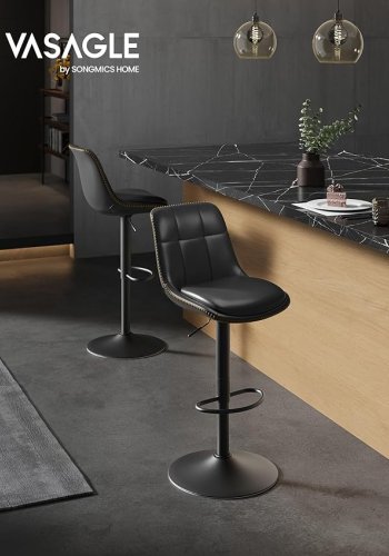 VASAGLE LJB095B01 barstol, m. rygl�n, fodst�tte, h�jdejusterbar - bl�ksort quiltet PU og st�l (s�t med 2)