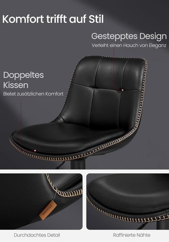 VASAGLE LJB095B01 barstol, m. rygl�n, fodst�tte, h�jdejusterbar - bl�ksort quiltet PU og st�l (s�t med 2)