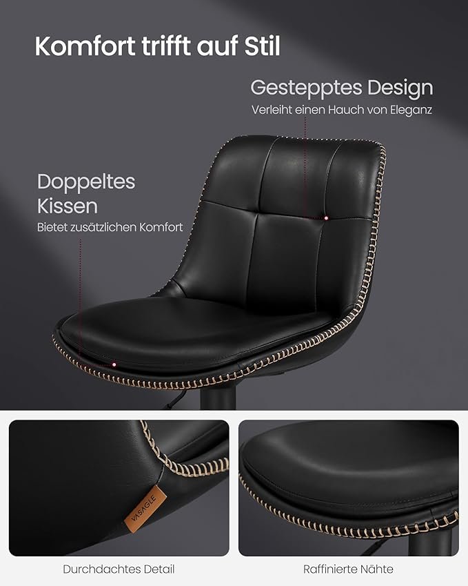 VASAGLE LJB095B01 Barstole S�t med 2 Barstole H�jdejusterbare Drejelige K�kkenstole Quiltet PU-betr�k Med Rygl�n og Fodst�tte Spisebord St�l Bl�ksort