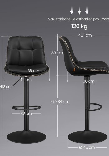 VASAGLE LJB095B01 Barstole S�t med 2 Barstole H�jdejusterbare Drejelige K�kkenstole Quiltet PU-betr�k Med Rygl�n og Fodst�tte Spisebord St�l Bl�ksort