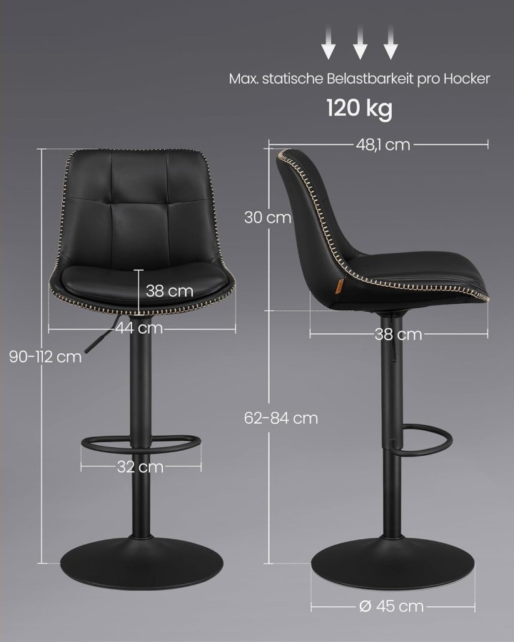 VASAGLE LJB095B01 Barstole S�t med 2 Barstole H�jdejusterbare Drejelige K�kkenstole Quiltet PU-betr�k Med Rygl�n og Fodst�tte Spisebord St�l Bl�ksort