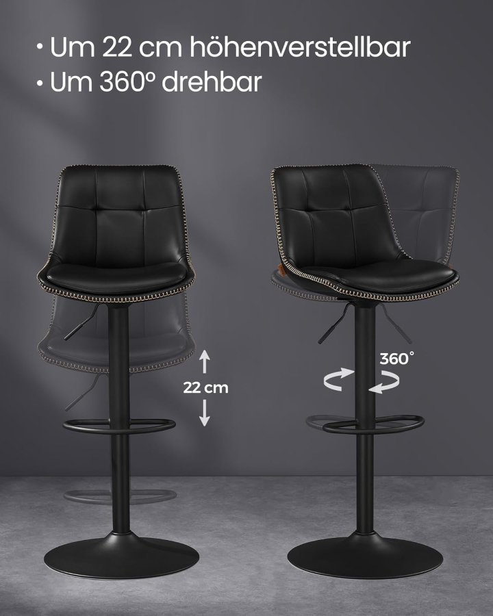 VASAGLE LJB095B01 Barstole S�t med 2 Barstole H�jdejusterbare Drejelige K�kkenstole Quiltet PU-betr�k Med Rygl�n og Fodst�tte Spisebord St�l Bl�ksort