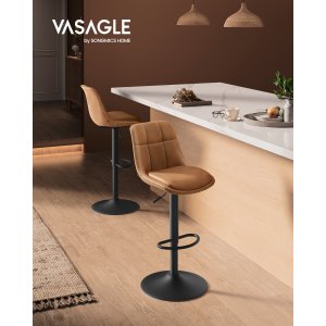 VASAGLE LJB095K01 Barstole S�t med 2 Barstole H�jdejusterbare Drejelige K�kkenstole Quiltet PU-betr�k Med Rygl�n og Fodst�tte Spisebord St�l Karamelbrun