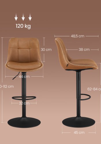 VASAGLE LJB095K01 Barstole S�t med 2 Barstole H�jdejusterbare Drejelige K�kkenstole Quiltet PU-betr�k Med Rygl�n og Fodst�tte Spisebord St�l Karamelbrun