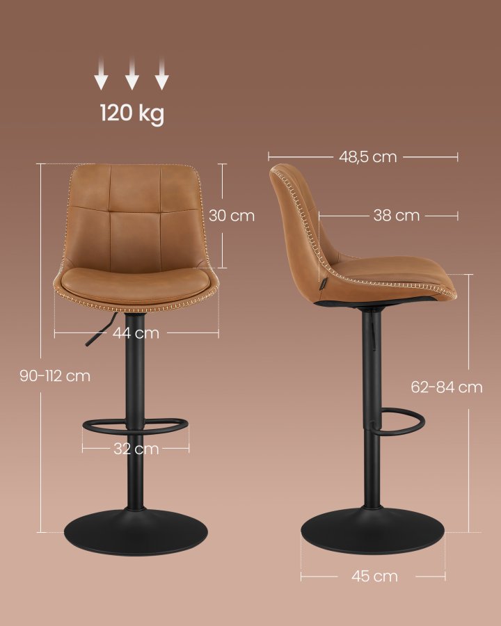 VASAGLE LJB095K01 Barstole S�t med 2 Barstole H�jdejusterbare Drejelige K�kkenstole Quiltet PU-betr�k Med Rygl�n og Fodst�tte Spisebord St�l Karamelbrun