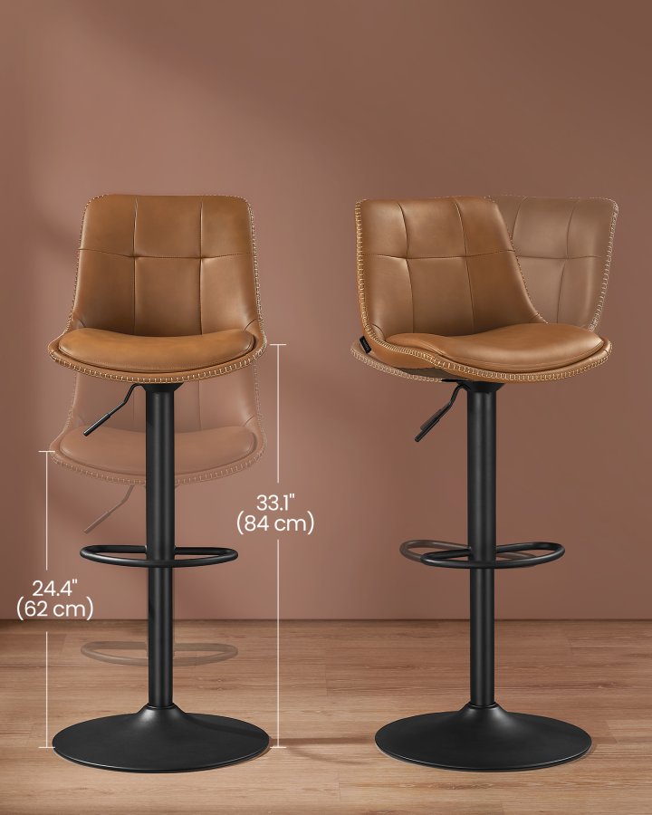VASAGLE LJB095K01 Barstole S�t med 2 Barstole H�jdejusterbare Drejelige K�kkenstole Quiltet PU-betr�k Med Rygl�n og Fodst�tte Spisebord St�l Karamelbrun