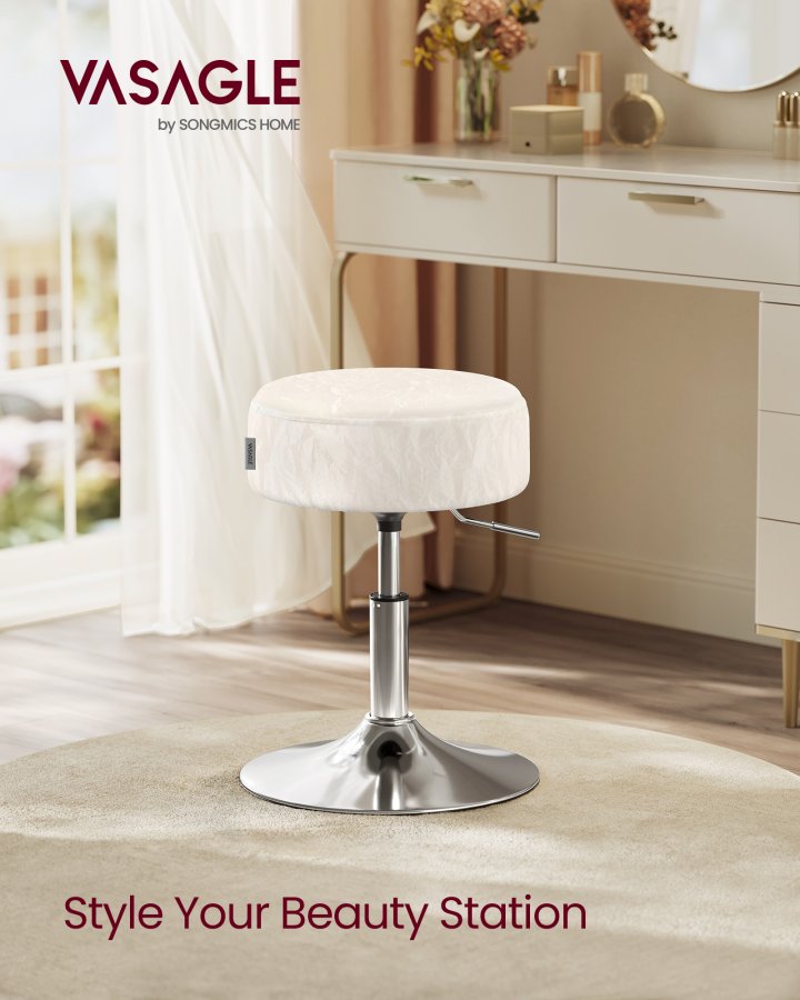 VASAGLE Justerbar sminkestol, makeup-stol, 360&deg; drejelig, PU-polstring, tyk hynde, til sovev�relse, k�kken, spisestue, moderne, cremehvid LJB120W01