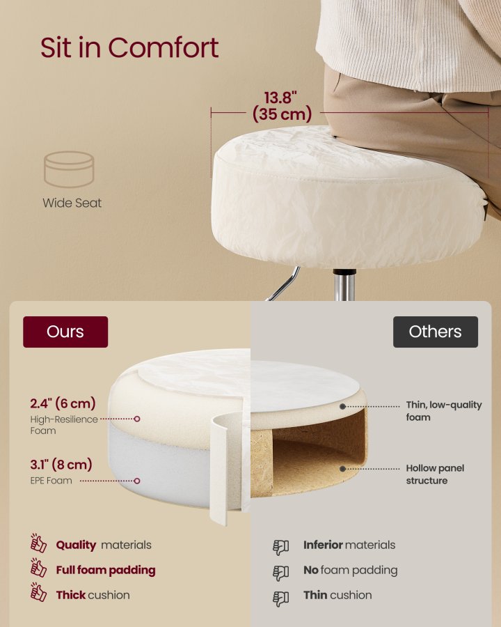 VASAGLE Justerbar sminkestol, makeup-stol, 360&deg; drejelig, PU-polstring, tyk hynde, til sovev�relse, k�kken, spisestue, moderne, cremehvid LJB120W01