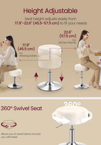 VASAGLE Justerbar sminkestol, makeup-stol, 360&deg; drejelig, PU-polstring, tyk hynde, til sovev�relse, k�kken, spisestue, moderne, cremehvid LJB120W01