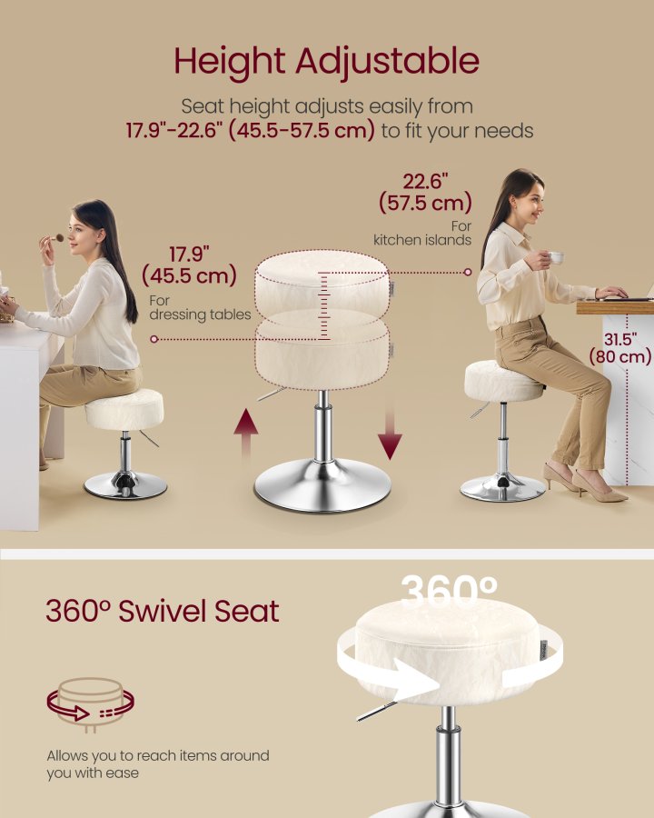 VASAGLE Justerbar sminkestol, makeup-stol, 360&deg; drejelig, PU-polstring, tyk hynde, til sovev�relse, k�kken, spisestue, moderne, cremehvid LJB120W01