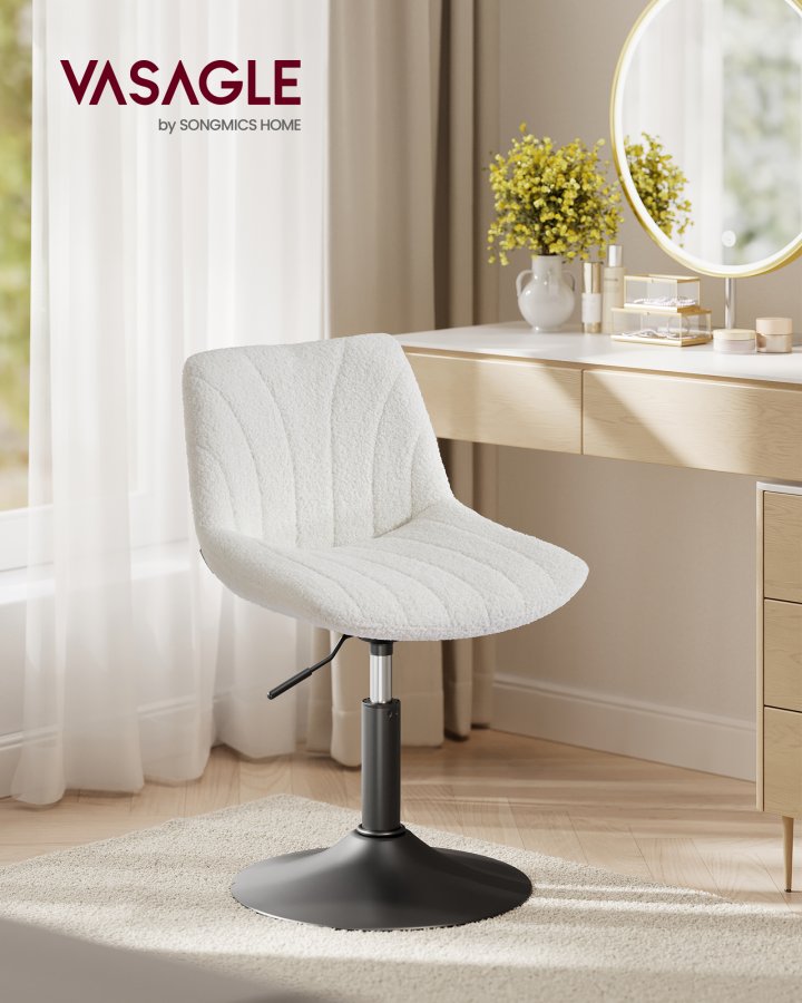 VASAGLE LJB160WD01 Makeup-skammel med rygl�n, h�jdejusterbar, 360&deg; drejelig til sovev�relse, spisestue, sherpabetr�k, cremehvid