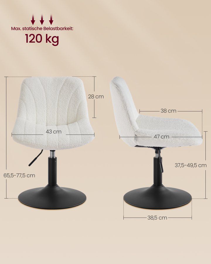 VASAGLE LJB160WD01 Makeup-skammel med rygl�n, h�jdejusterbar, 360&deg; drejelig til sovev�relse, spisestue, sherpabetr�k, cremehvid