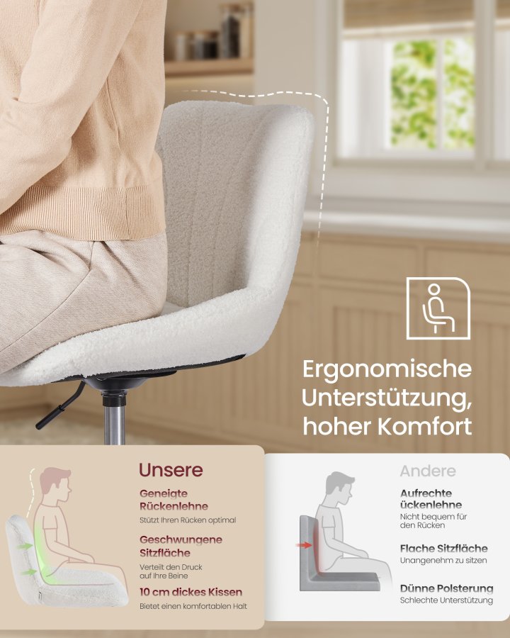 VASAGLE LJB160WD01 Makeup-skammel med rygl�n, h�jdejusterbar, 360&deg; drejelig til sovev�relse, spisestue, sherpabetr�k, cremehvid