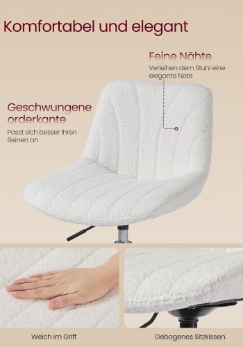 VASAGLE LJB160WD01 Makeup-skammel med rygl�n, h�jdejusterbar, 360&deg; drejelig til sovev�relse, spisestue, sherpabetr�k, cremehvid