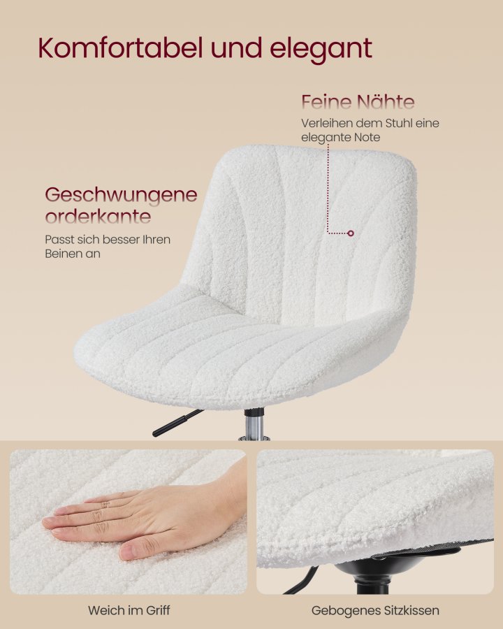 VASAGLE LJB160WD01 Makeup-skammel med rygl�n, h�jdejusterbar, 360&deg; drejelig til sovev�relse, spisestue, sherpabetr�k, cremehvid