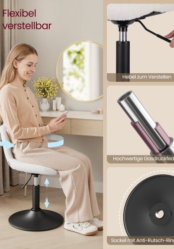 VASAGLE LJB160WD01 Makeup-skammel med rygl�n, h�jdejusterbar, 360&deg; drejelig til sovev�relse, spisestue, sherpabetr�k, cremehvid