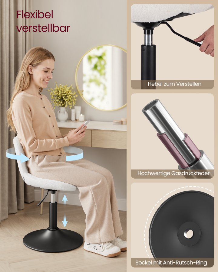 VASAGLE LJB160WD01 Makeup-skammel med rygl�n, h�jdejusterbar, 360&deg; drejelig til sovev�relse, spisestue, sherpabetr�k, cremehvid