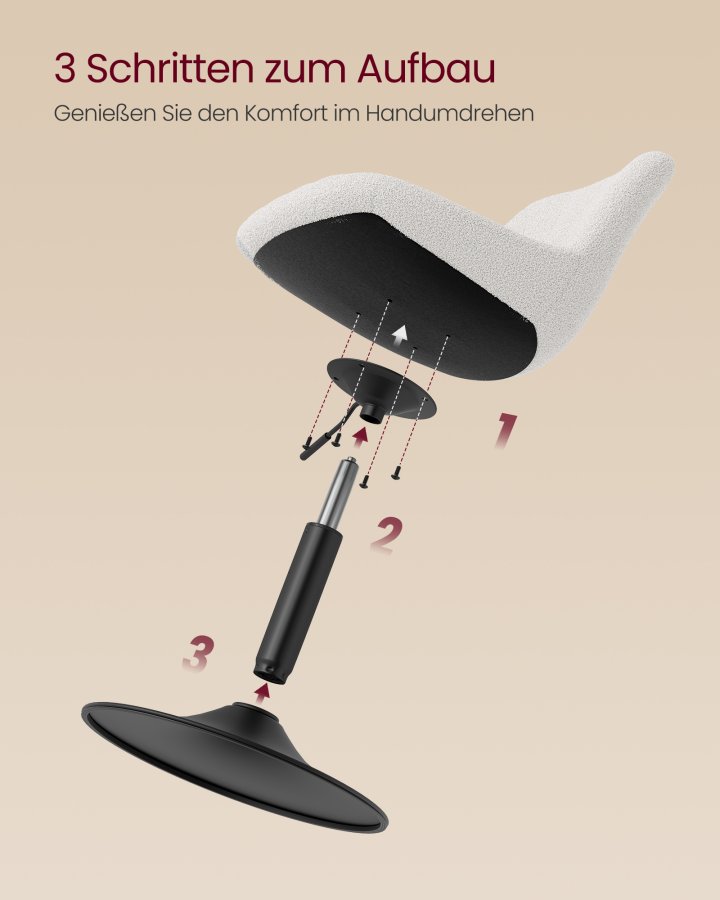 VASAGLE LJB160WD01 Makeup-skammel med rygl�n, h�jdejusterbar, 360&deg; drejelig til sovev�relse, spisestue, sherpabetr�k, cremehvid