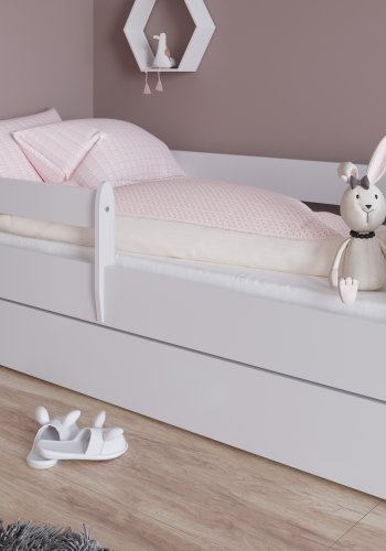Julia juniorseng, med madrass, sengehest, skuff - hvit laminat og MDF (140x80)