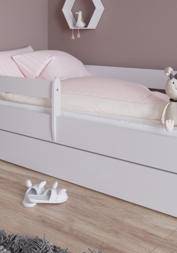 Julia juniorseng, med madrass, sengehest, skuff - hvit og rosa laminat og MDF (180x80)