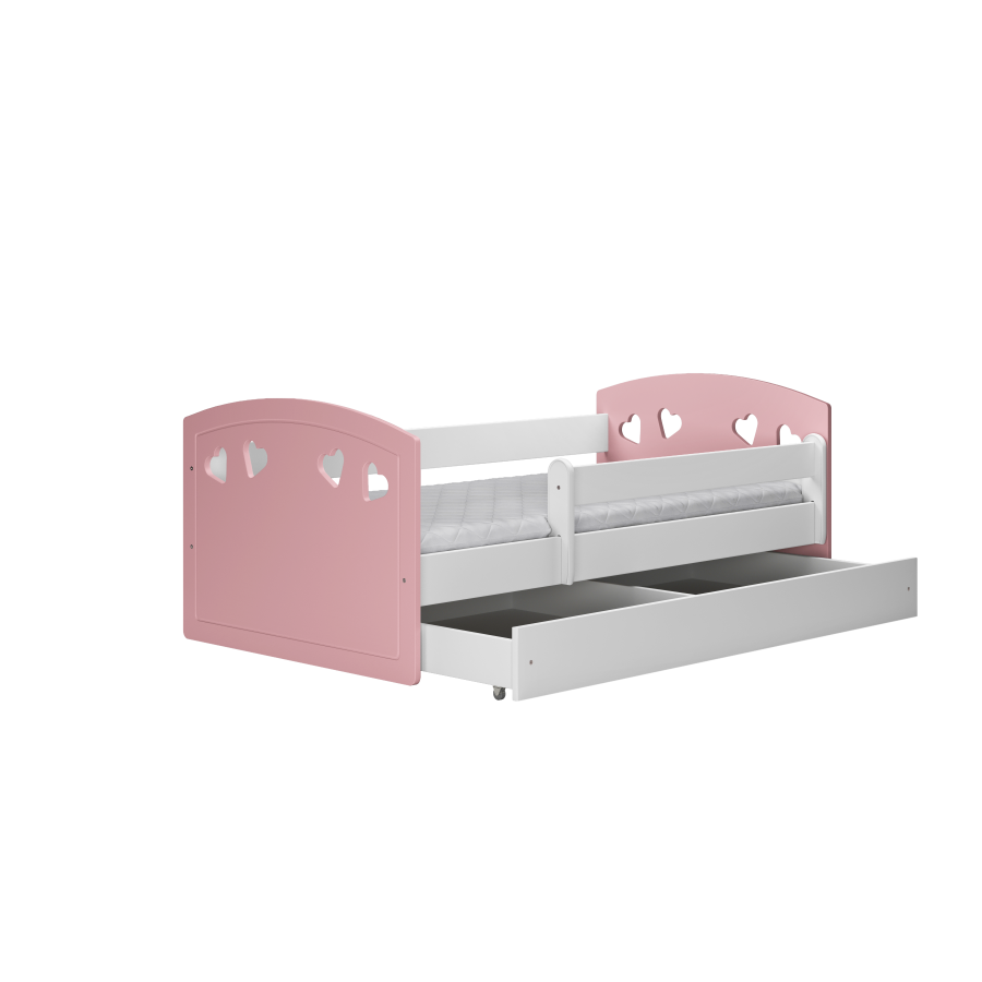 Julia juniorseng, med madrass, sengehest, skuff - hvit og rosa laminat og MDF (160x80)