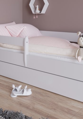 Julia juniorseng, med madrass, sengehest, skuff - hvit og gr laminat og MDF (160x80)