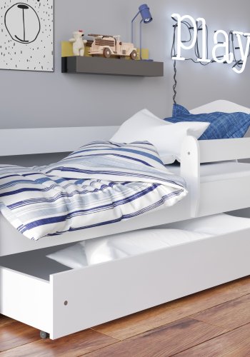 Kacper juniorseng, med madrass, sengehest, skuff - hvit sponplate og MDF (160x80)