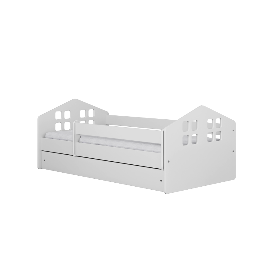 Kacper juniorseng, med madrass, sengehest, skuff - hvit sponplate og MDF (160x80)