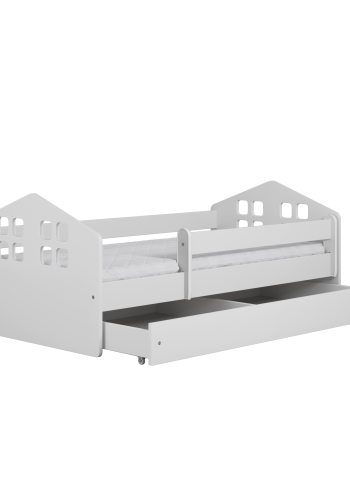 Kacper juniorseng, med madrass, sengehest, skuff - hvit sponplate og MDF (160x80)